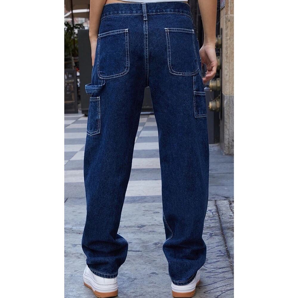 J Galt Dark Indigo 5 Low Rise Straight Leg Jeans Carpenter Style Contrast Stitch